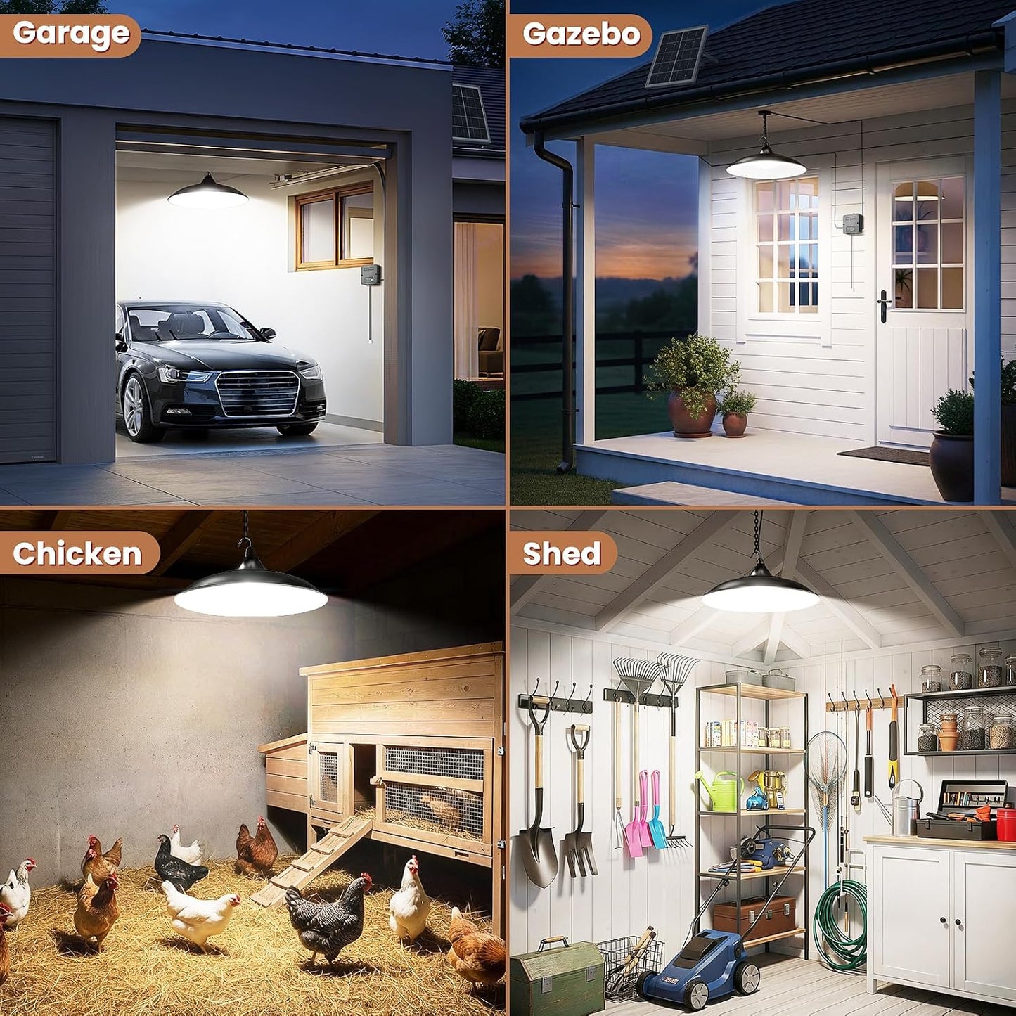 Solar Shed Light Indoor Outdoor, 2000LM Daytime Available Pendant Light with Pull Cord, Power Display & Mode Indicator, 3 Lighting Modes Solar Lights IP65 Waterproof for Garage Gazebo Porch