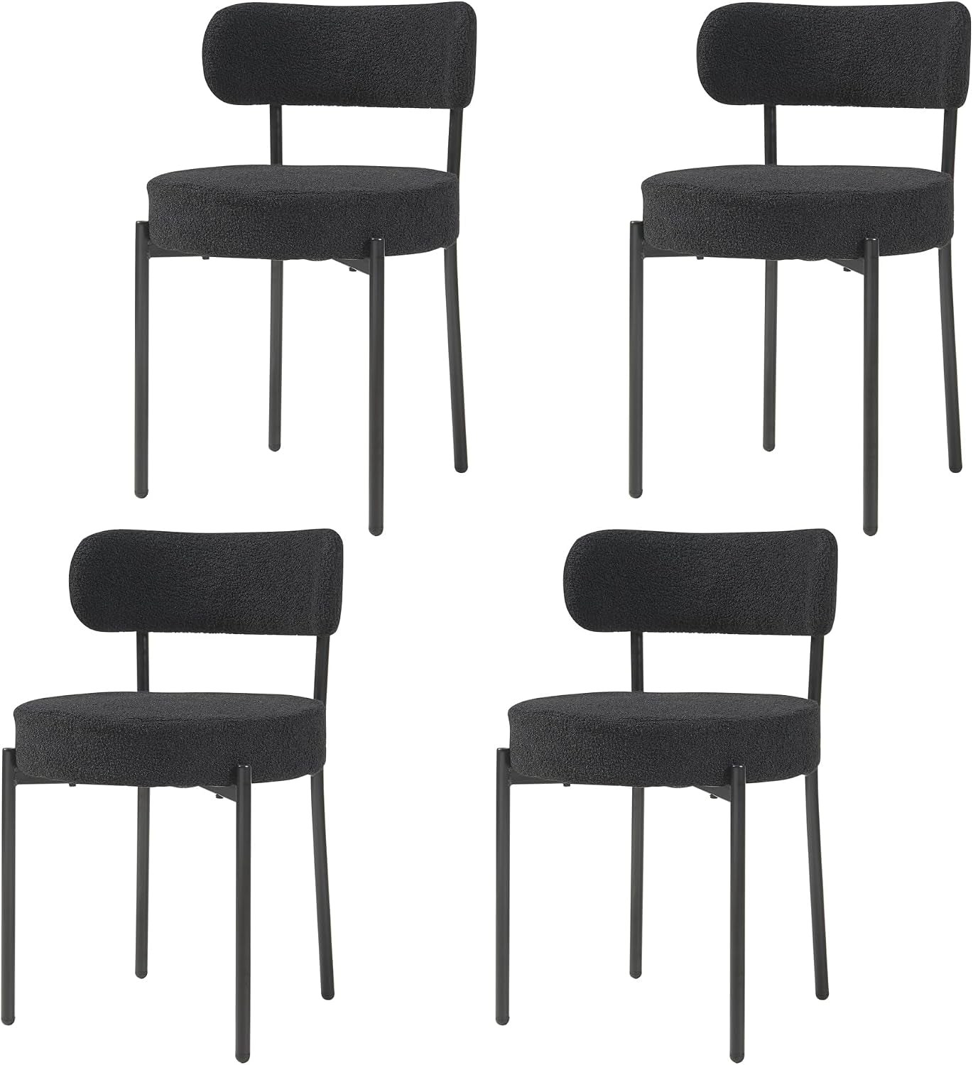 Modern Dining Room Chairs, Mid-Century round Upholstered Boucle Kitchen Dining Chairs with Black Metal Legs (4, Black)