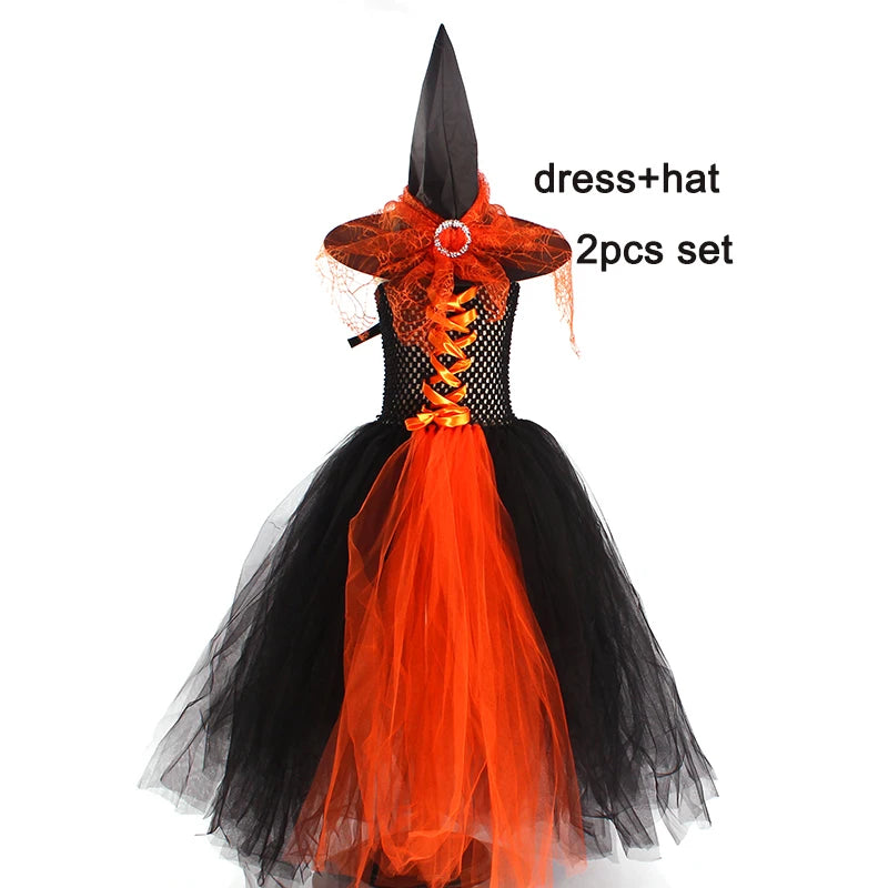 Girls Gothic Halloween Ghost Witch Costume Flare Sleeve Kids Gown Robe Tutu Dress with Witch Hat for Purim Carnival Party