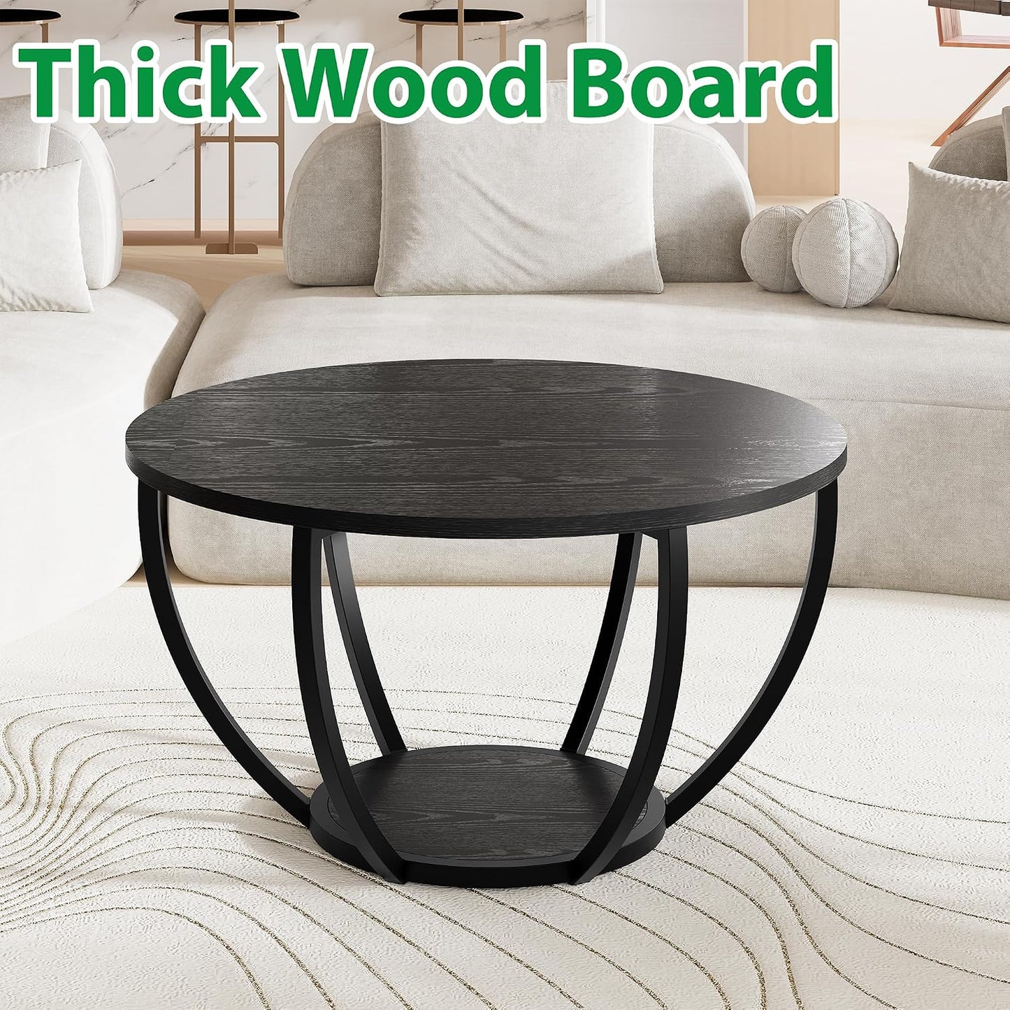 round Coffee Table,Accent Center Table for Living Room,Black | Black Coffee Table,Wooden 2-Tier Circle Coffee Tables with Storage Shelves,Sofa Table for Home Office,Easy Assembly