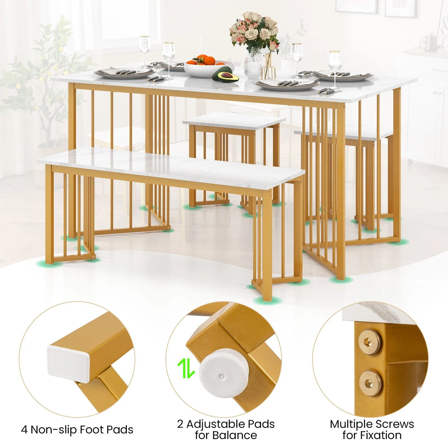 4-Piece Modern Dining Set — 150cm Marble-Effect Table, Bench & 2 Stools