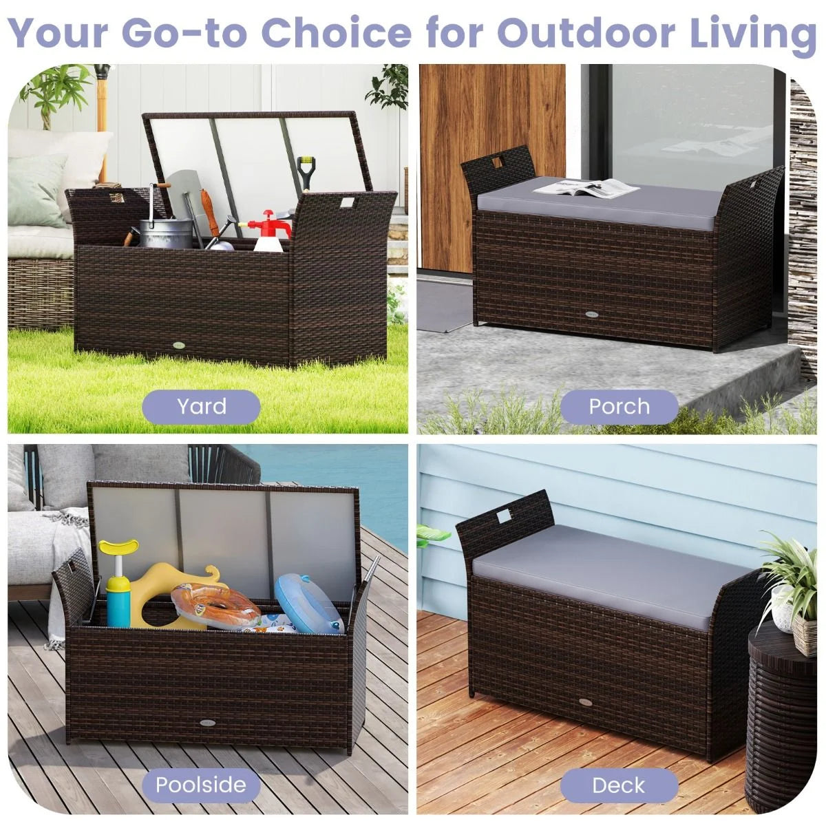Outdoor Storage Bench with Hand-Woven PE Rattan Wicker and Side Handles