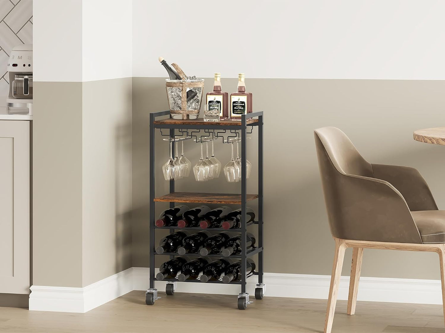 Metal Wooden 12 Bottles Wine Racks Free Standing Floor,Wine Trolley on Wheels,Rolling Bar Cart with Glass Holder,Drinks Storage Trolley for Home & Kitchen,Brown