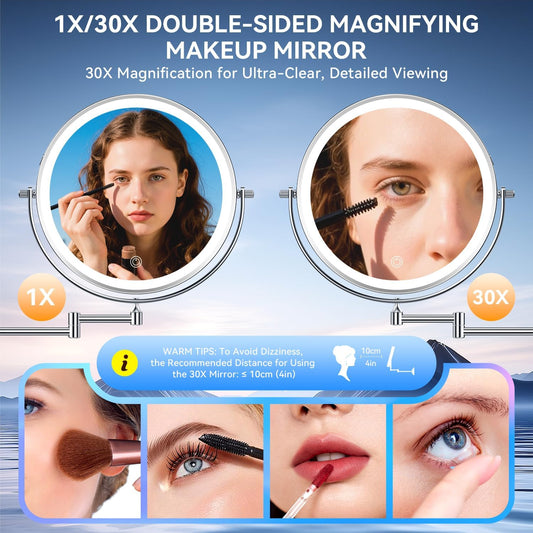 10'' Wall Mounted Makeup Mirror, 5000Mah USB Rechargeable 30X Magnifying Mirror with Tweezer, Double-Sided Shaving Mirrors with 3 Color Lights, 360° Swivel Bathroom Mirrors with Extendable Arm