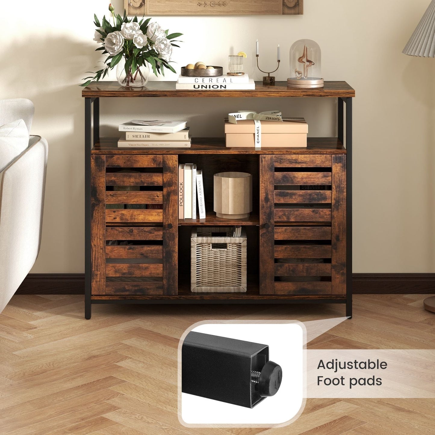 Charming Rustic Brown Sideboard Storage Cabinet with Slatted Doors and Adjustable Shelves for Elegant Home Organization
