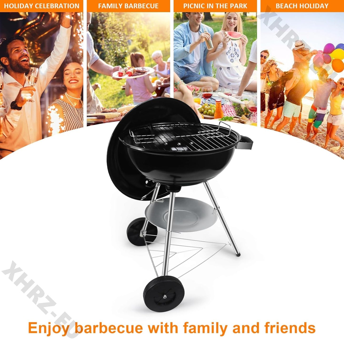Charcoal BBQ Grill, Outdoor Barbecue Portable Kettle Coal with Wheels, 41Cm Grill Area, Stand Ball Rounded Barbecue Grill Camping Garden Black