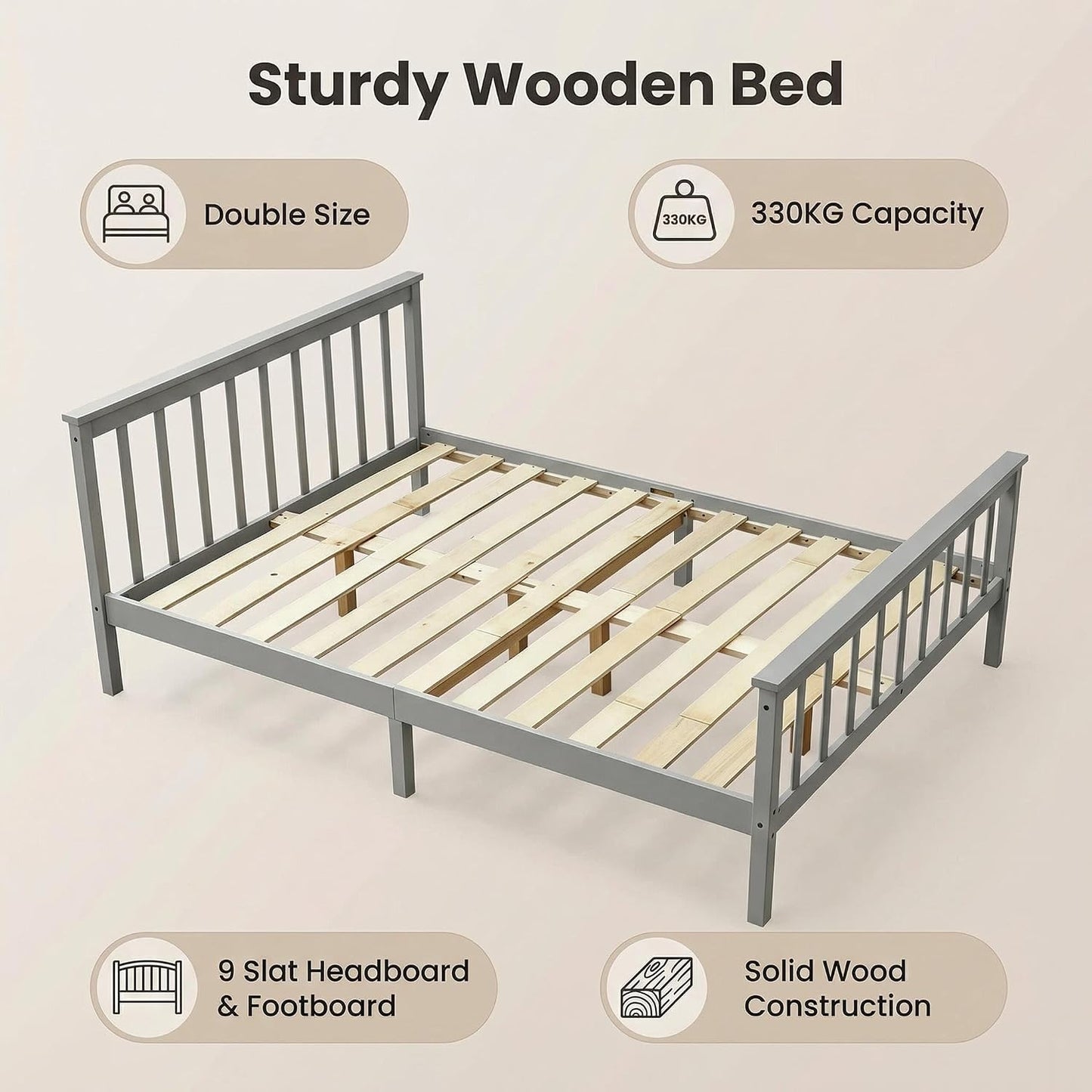 4FT6 Double Bed Frame Pine Wood Bed with Slats Bed for Kids (Grey, Double)