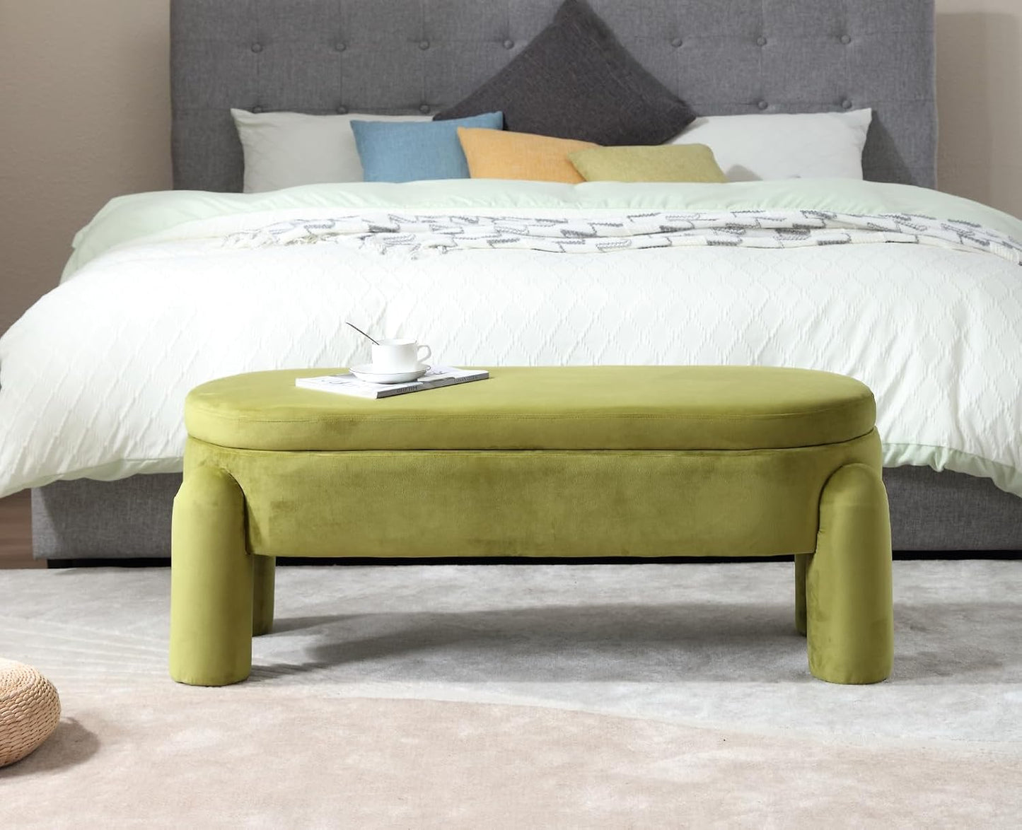 Upholstered Storage Ottoman Seat Velvet Window Bench Corner Bench for Bedroom Living Room (Green)