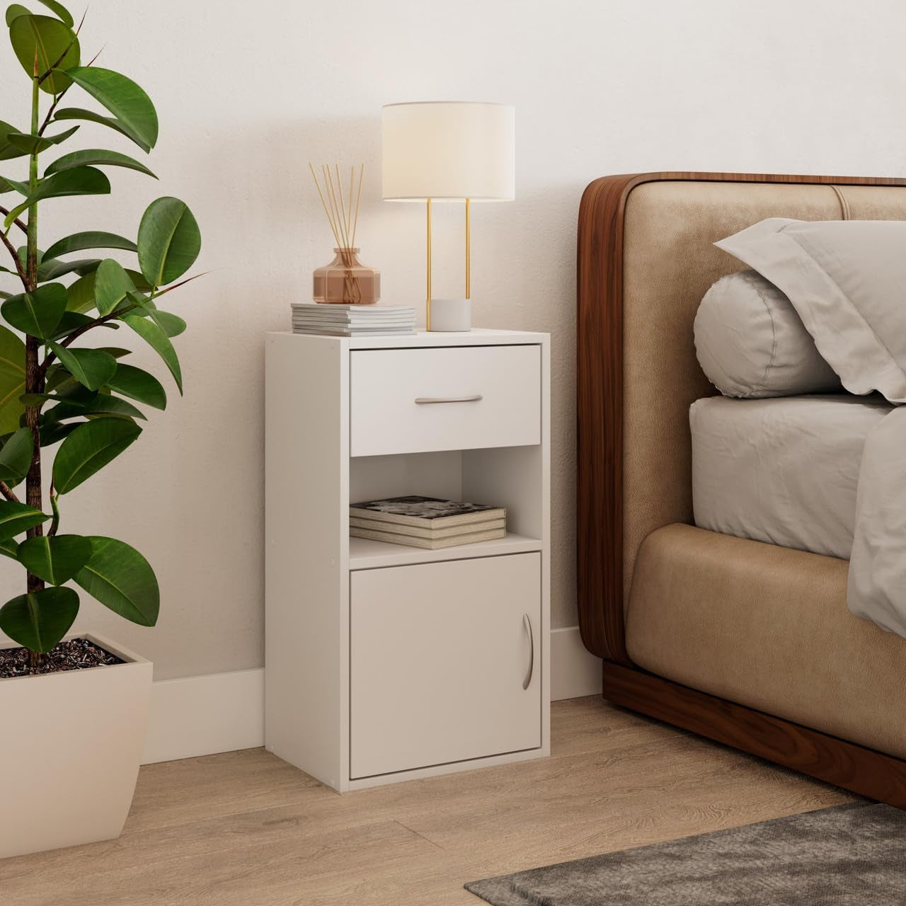 1 Door 1 Drawer Wooden Bedroom Bedside Cabinet Shelf Nightstand Side Table Unit (White)