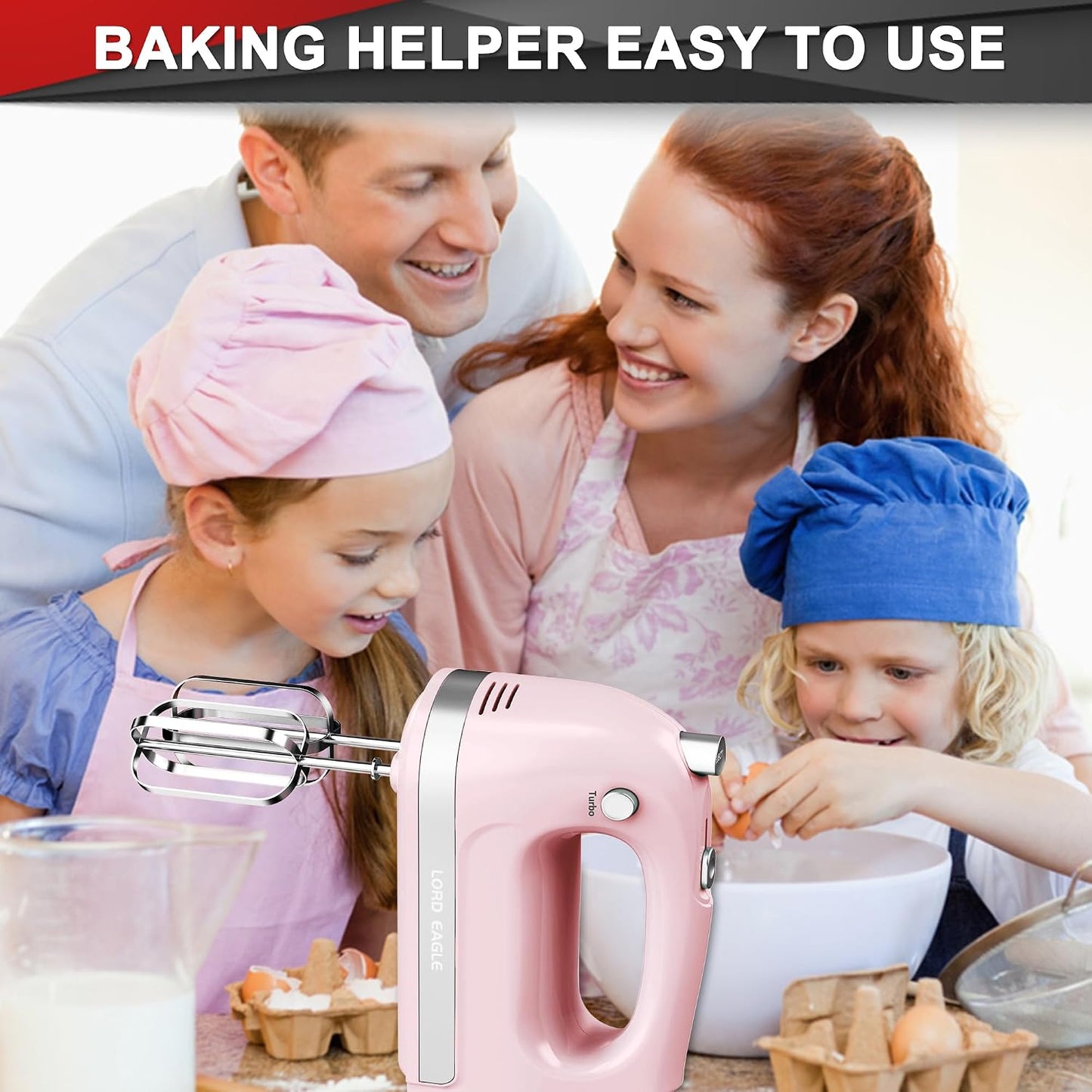 Hand Mixer Electric Whisk, 400W Power Handheld Mixer for Baking Cake Egg Cream Food Beater, Turbo Boost/Self-Control Speed + 5 Speed + Eject Button + 5 Accessories, Pink | Handheld Mixer for Egg Cream Food Beater, Turbo Boost/Self-Control Speed + Eject Button + 5 Accessories, Pink