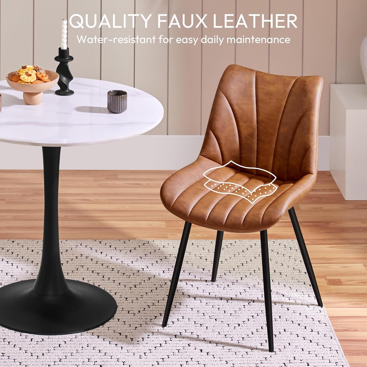 Set of 2 Modern Upholstered Dining Chairs with Metal Legs, Armless Side Chairs for Kitchen Dining Room Living Room, Kitchen Chairs with Backrest Brown | Comfortable Padded Seat | Modern Retro Design | PU Leather Upholstery | Metal Legs | for Kitchen Dining Room