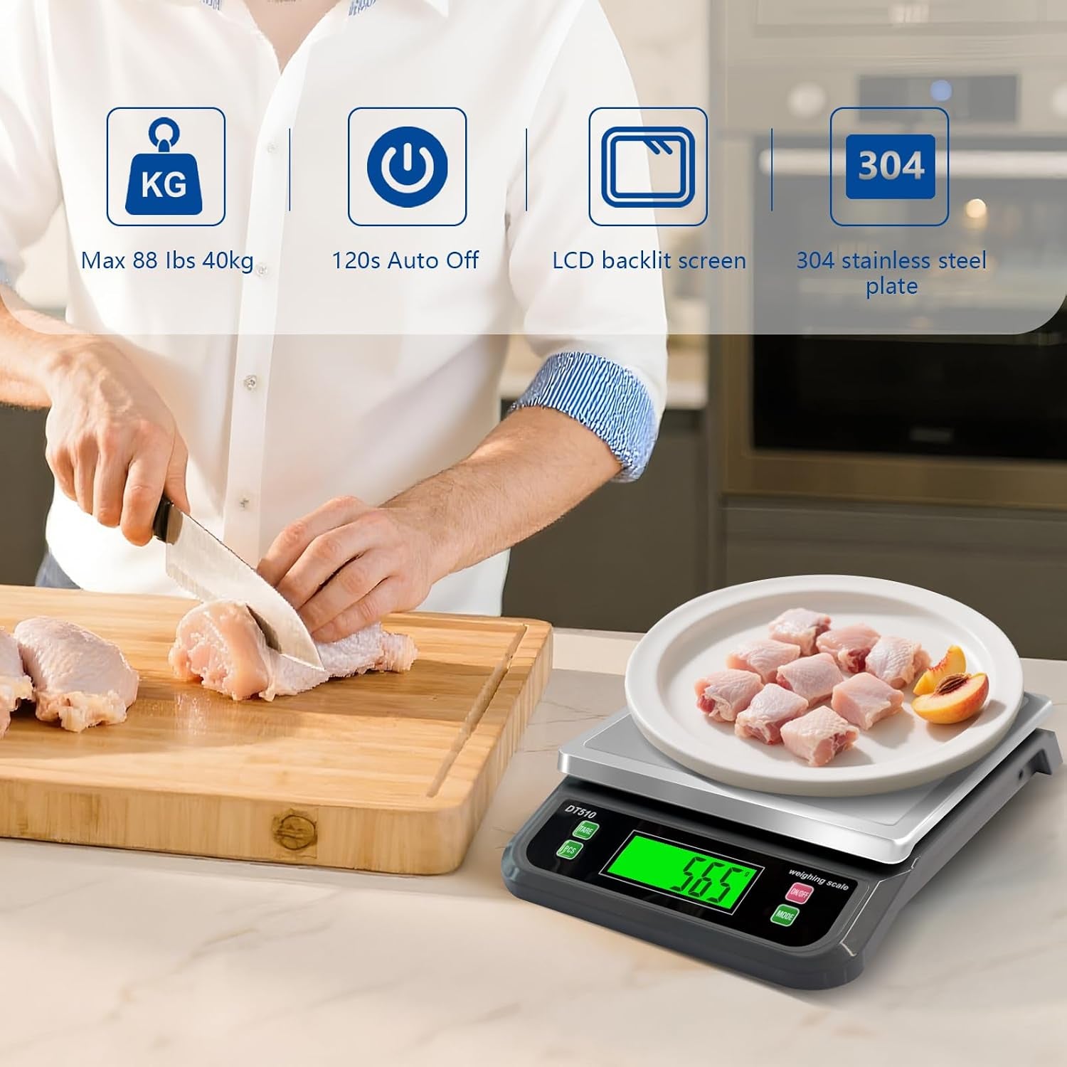 Kitchen Weighing Scales 40Kg 88Lb Stainless Steel with Tare 6 Units | Baking Scales, with LCD Display and PCS Features for Baking Bread Cooking Food Scales Digital Commercial Scale