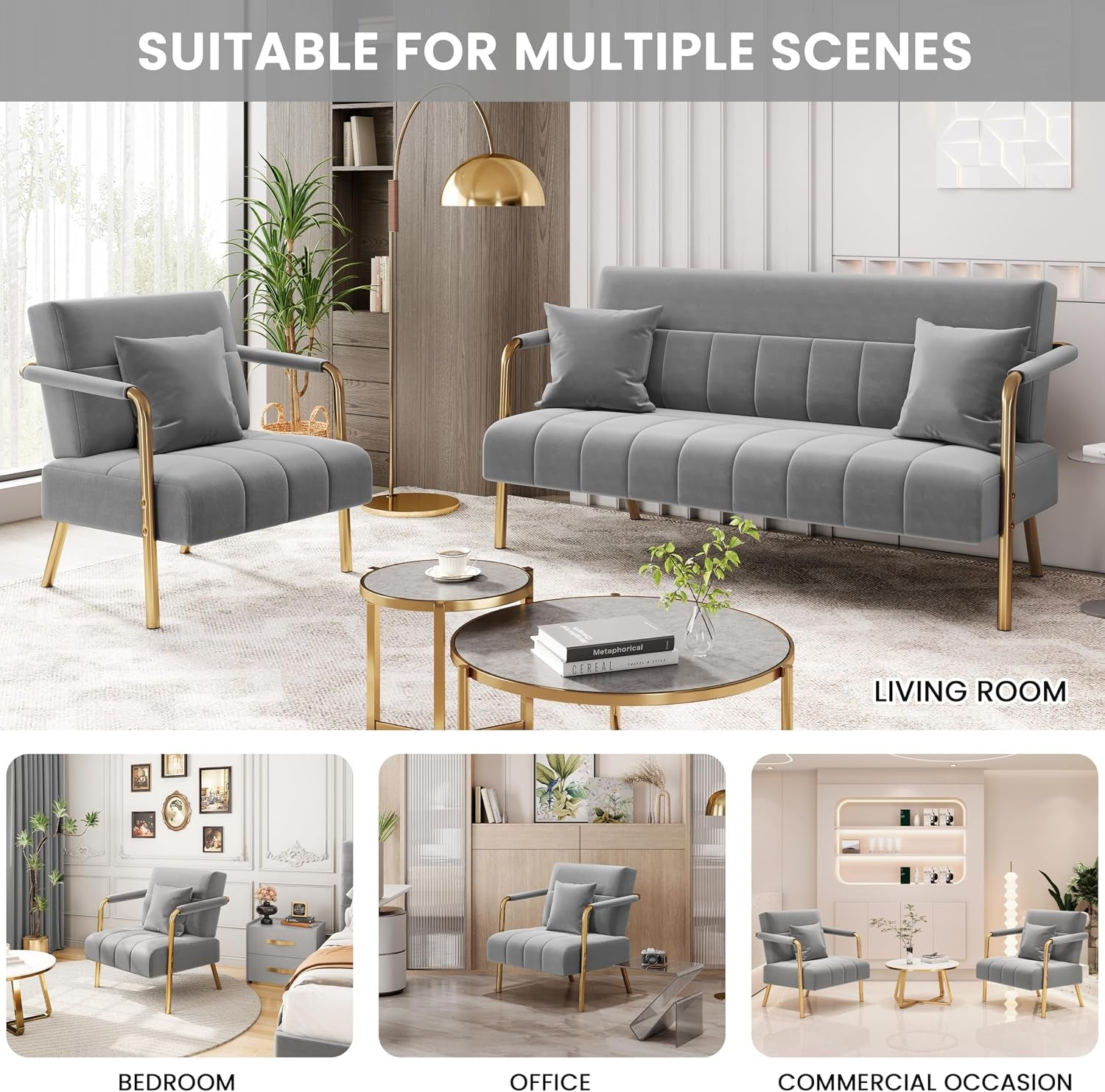 Velvet Single Sofa Chair, Gold Metal Arms Living Room Light Grey | Small Sofa Couch Gold-Tone Metal Arms and Legs Pillows for Bedroom, Home Office, Studio, Small Space