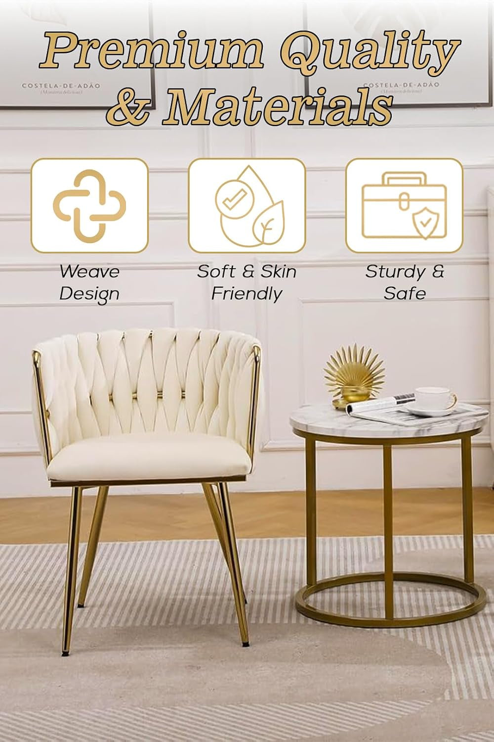 Set of 2 X Luxury Velvet/Metal Upholstered Seat Woven Dining Kitchen Home Restaurant Bar Pub Stool Chair (Cream/Gold)