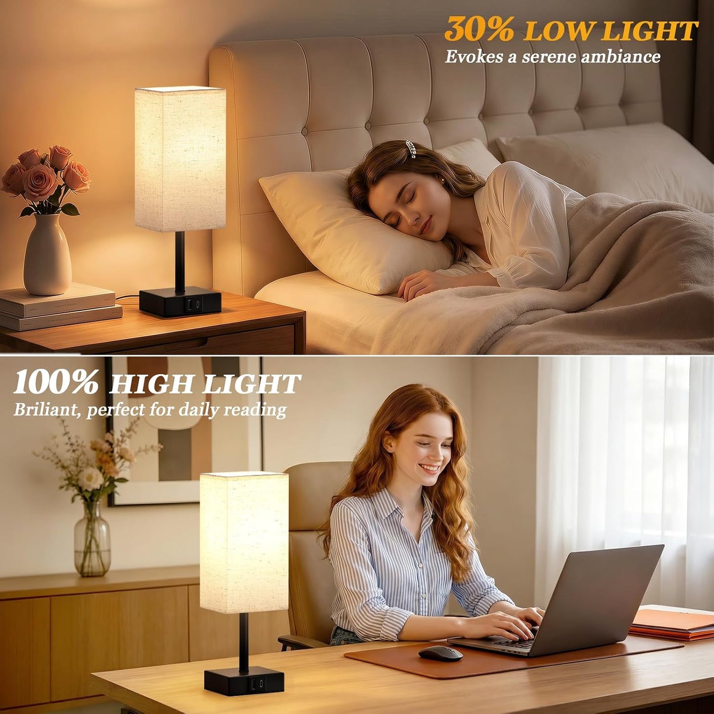 Touch Bedside Lamps, Bedside Table Lamp with USB A+C Charging Ports, Touch Lamps Bedside for Bedroom/Living Room/Study Room/Office, 3-Way Dimmable Reading Light (LED Bulb Included)