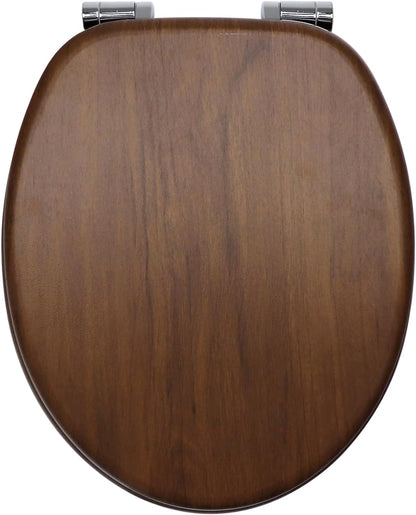 Toilet Seat Dark Walnut Wooden Soft Close with Adjustable Solid Zinc Alloy Hinges, MDF Wood Oval Toilet Seat with Bottom Fixings, Easy to Clean and Install (JH3704-01)