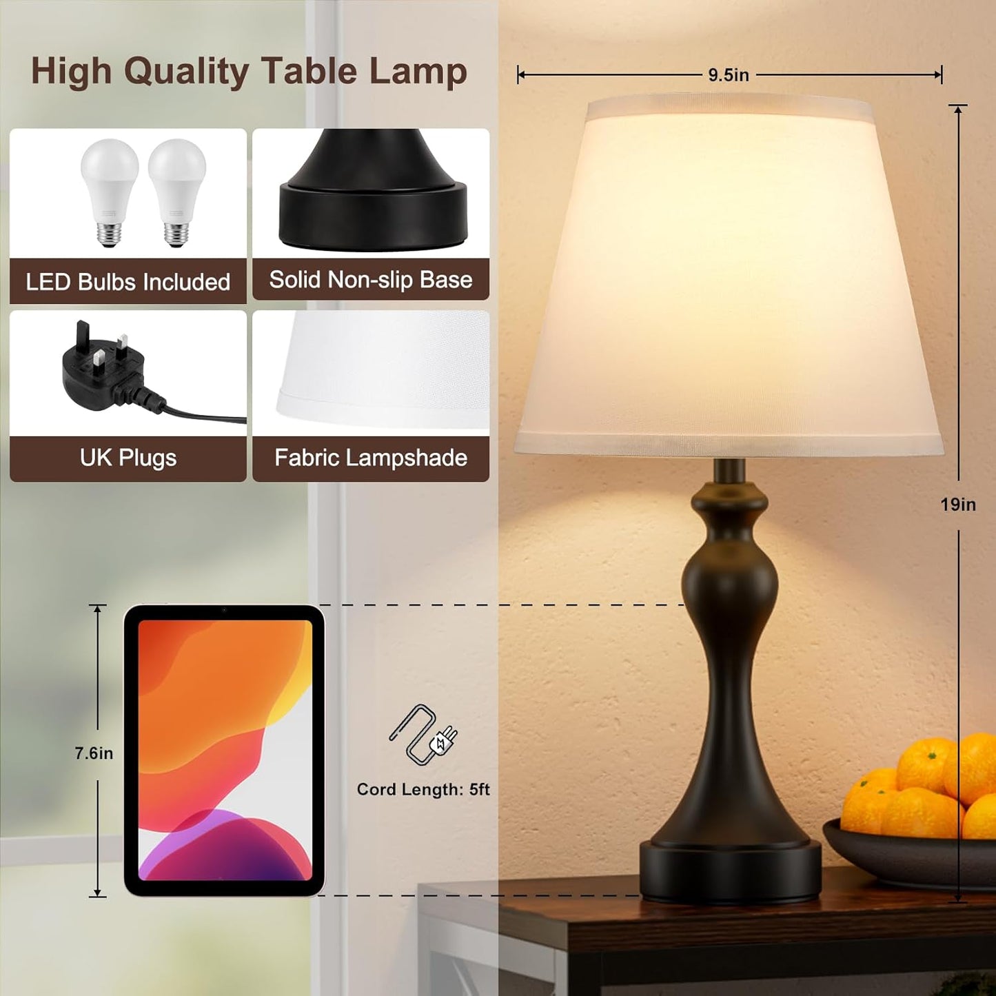 Table Lamps for Living Room, Large Metal Bedside Lamp for Bedroom with USB A+C Ports, 3 Way Dimmable Bedside Lamps Set of 2, Modern Touch beside Table Lamp with White Shade(Bulbs Included)