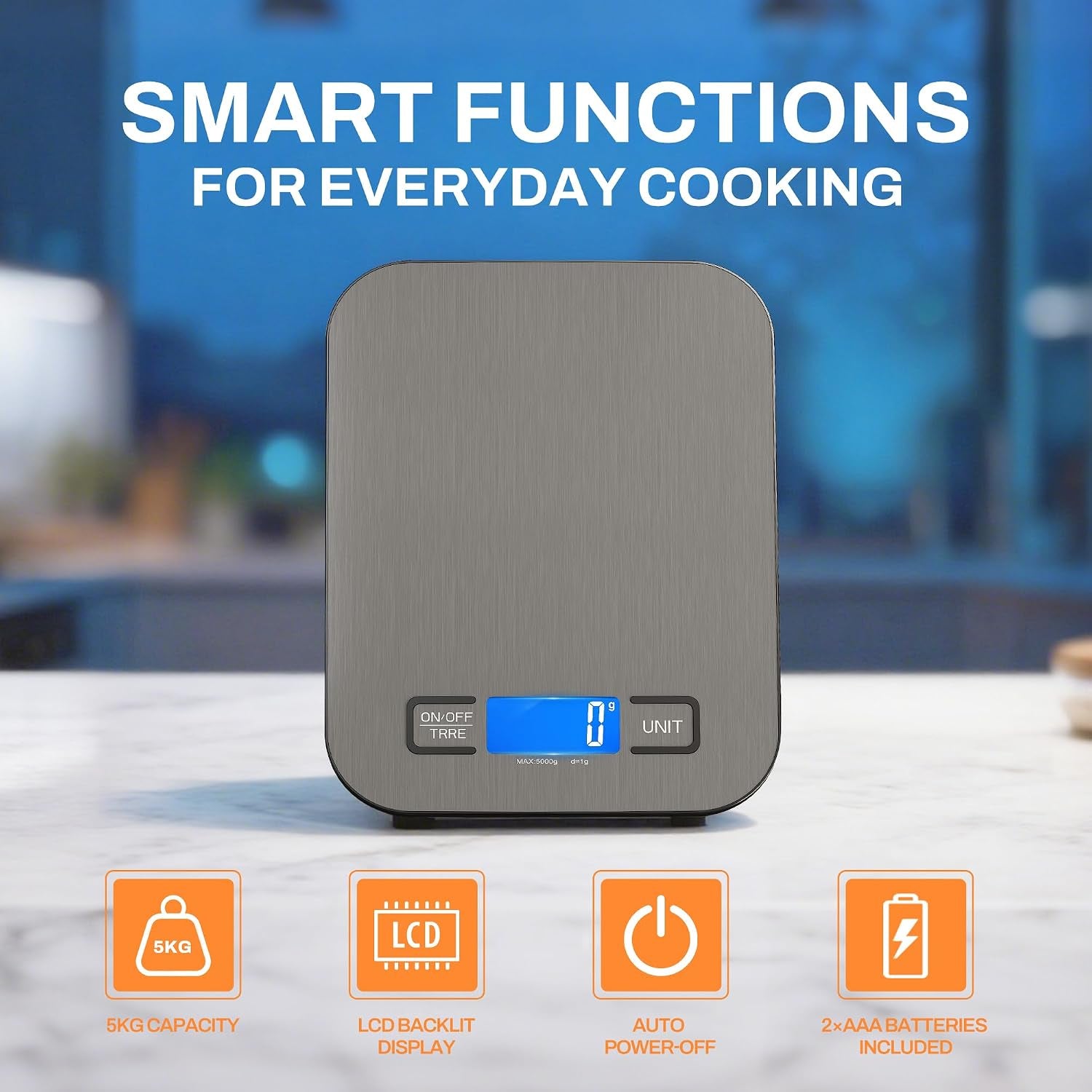 Digital Food Scales, 5Kg/1G High Precision Food Scale with 6 Units & Tare, LCD Display, Compact Kitchen Scales Digital for Cooking, Baking, Battery Powered with 2 AAA Included Weighing Scales Kitchen