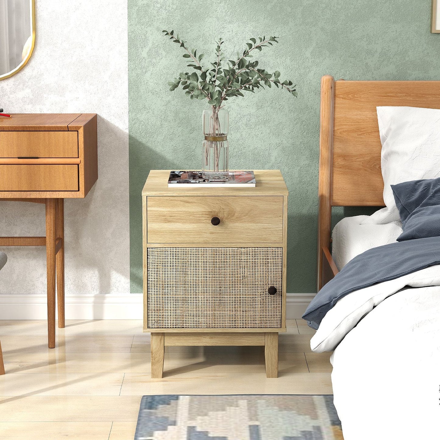 Modern Rattan Nightstand with Storage Drawer and Cabinet