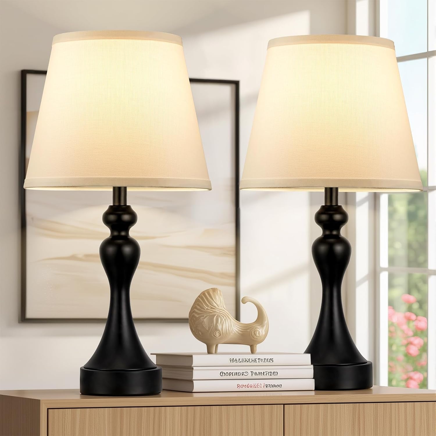 Table Lamps for Living Room, Large Metal Bedside Lamp for Bedroom with USB A+C Ports, 3 Way Dimmable Bedside Lamps Set of 2, Modern Touch beside Table Lamp with White Shade(Bulbs Included)