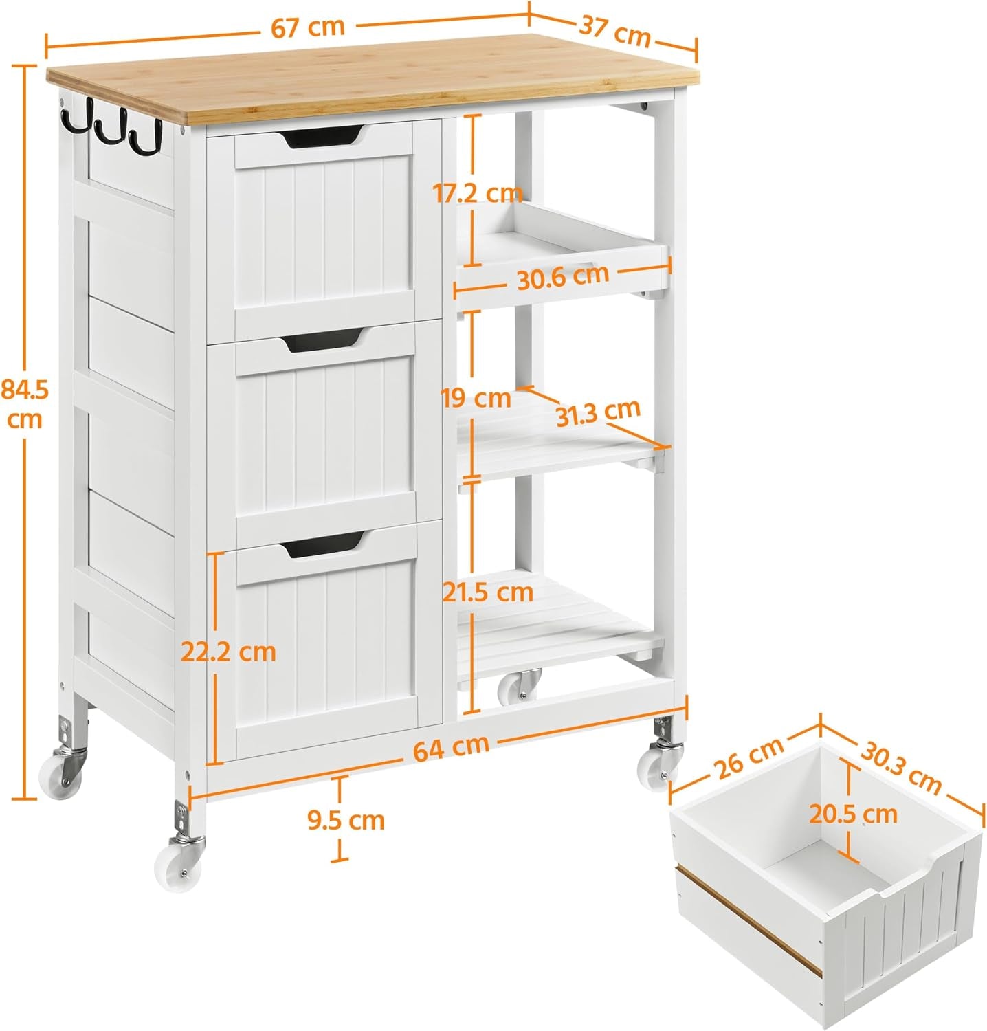 Kitchen Storage Trolley on Wheels, Rolling Kitchen Island Cart with 3 Drawers and 3 Shelves, Mobile Storage Sevring Trolley Cart for Dining Room, Bathroom, Laundry, Living Room, White