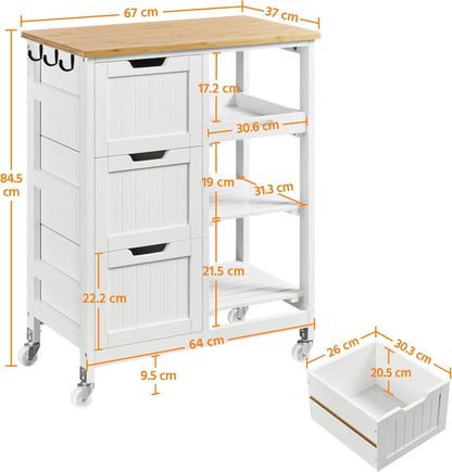 Kitchen Storage Trolley on Wheels, Rolling Kitchen Island Cart with 3 Drawers and 3 Shelves, Mobile Storage Sevring Trolley Cart for Dining Room, Bathroom, Laundry, Living Room, White