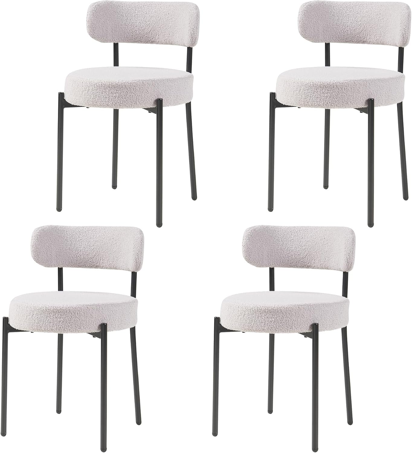 Modern Dining Room Chairs, Mid-Century round Upholstered Boucle Kitchen Dining Chairs with Black Metal Legs (4, Grey)