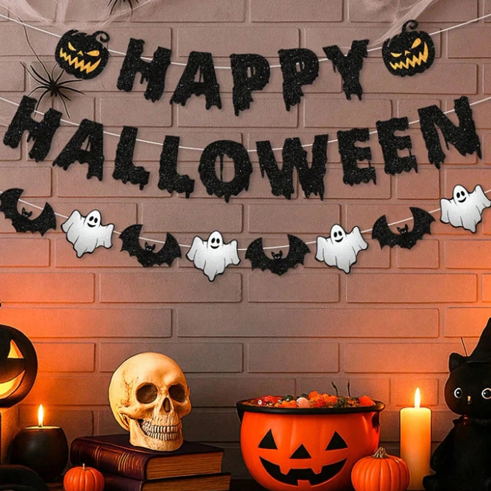 Happy Halloween Banner Garland Black Bat Ghost Pumpkin Bunting for Fireplace Wall Home Party Mantel Decor Supplies