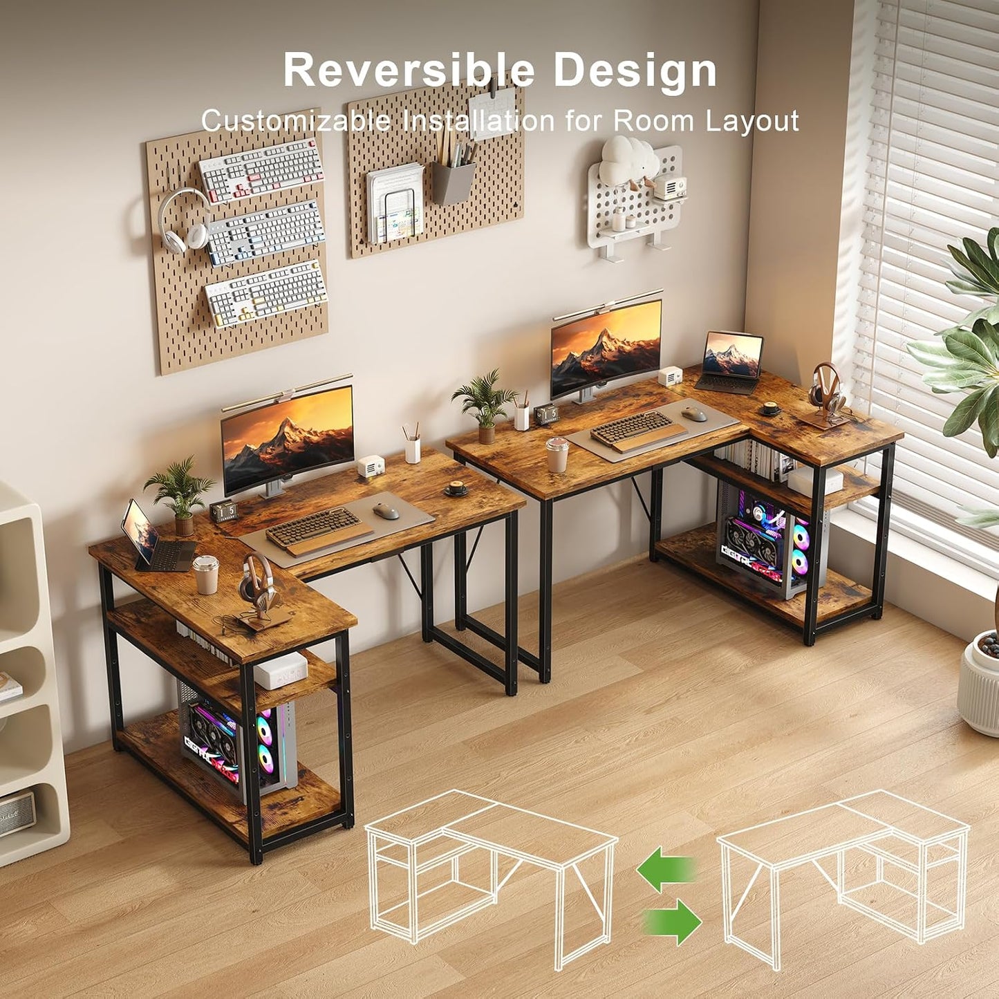 100 * 80Cm L Shaped Computer Desk with Reversible Large Storage Shelves, Corner Desk Computer Workstation Matching under Desk Height Adjustable Storage, Home Office Work Table Brown