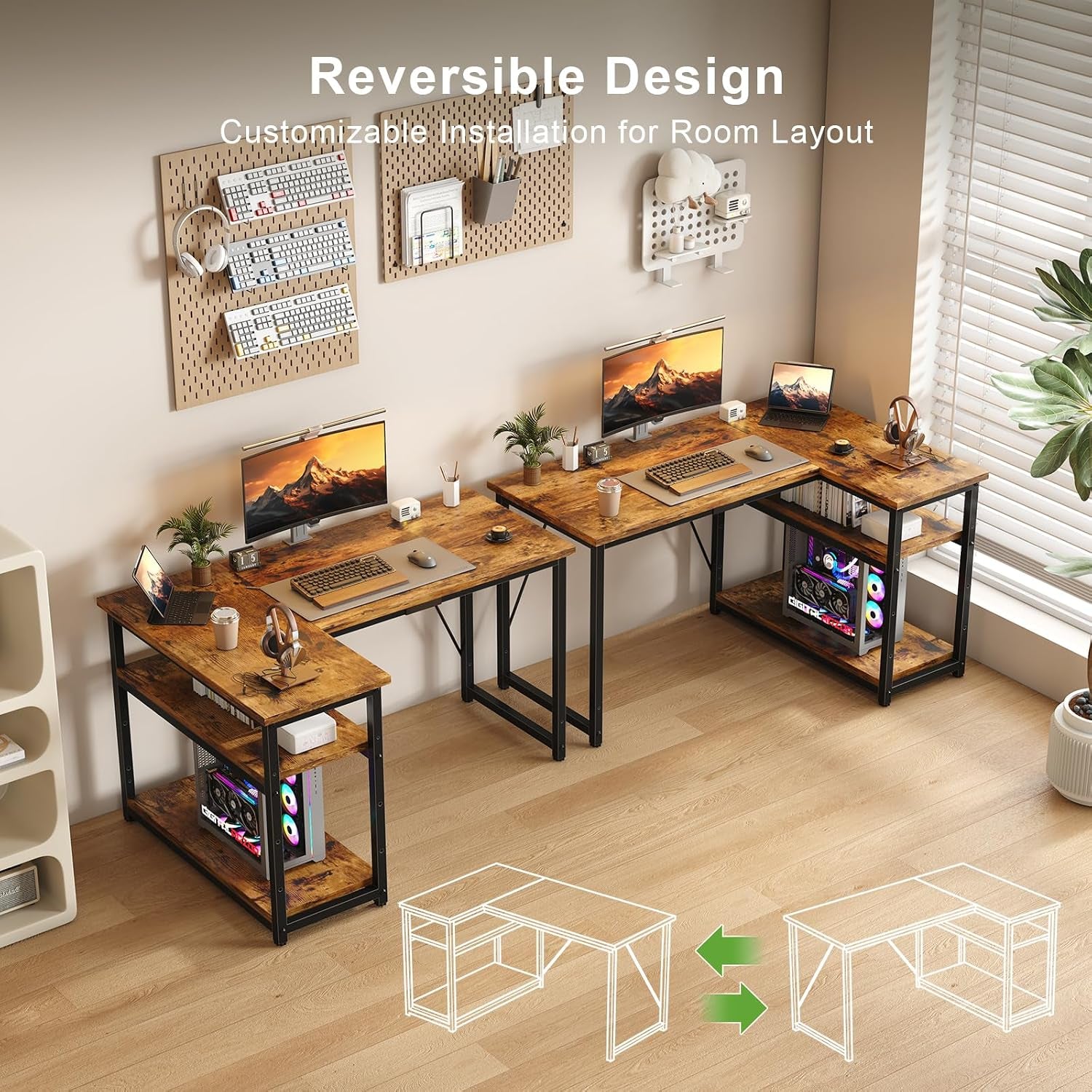 100 * 80Cm L Shaped Computer Desk with Reversible Large Storage Shelves, Corner Desk Computer Workstation Matching under Desk Height Adjustable Storage, Home Office Work Table Brown