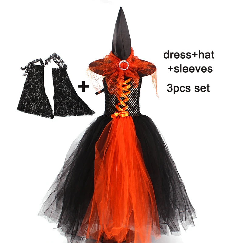 Girls Gothic Halloween Ghost Witch Costume Flare Sleeve Kids Gown Robe Tutu Dress with Witch Hat for Purim Carnival Party