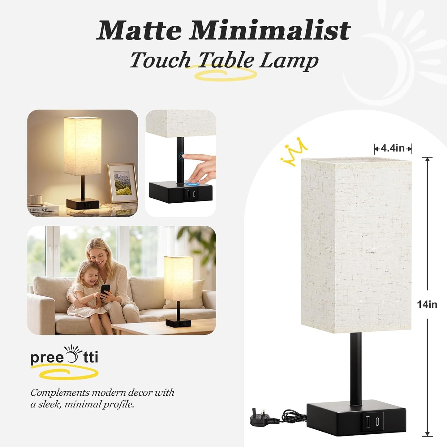 Touch Bedside Lamps, Bedside Table Lamp with USB A+C Charging Ports, Touch Lamps Bedside for Bedroom/Living Room/Study Room/Office, 3-Way Dimmable Reading Light (LED Bulb Included)