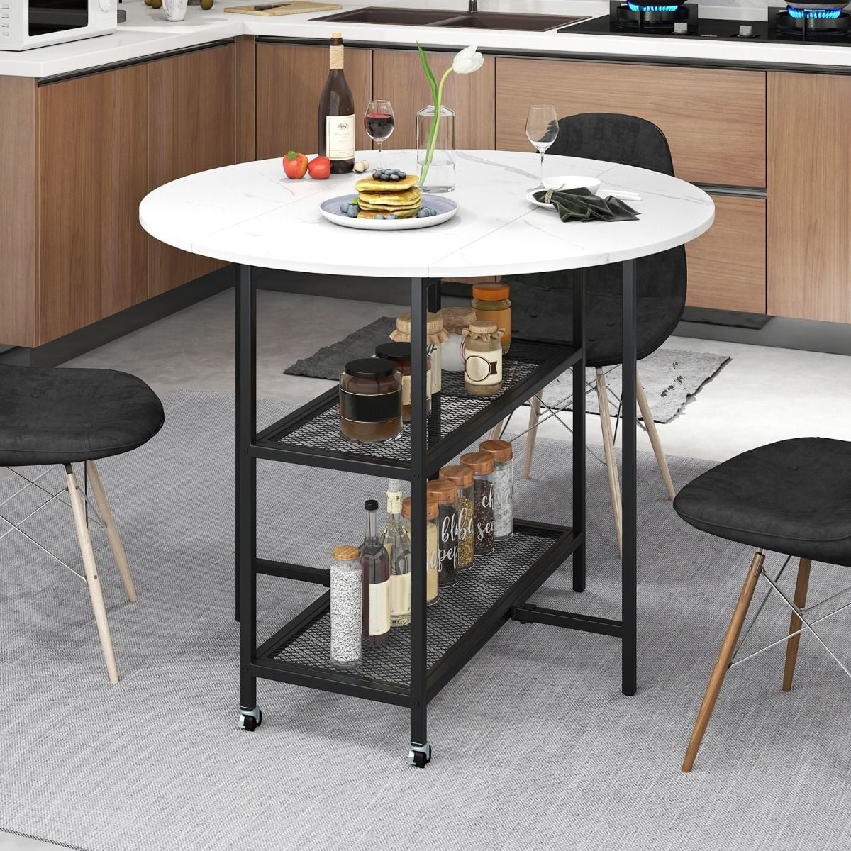 Round Kitchen Table Modern Dining Table with Drop Leaf Tabletop