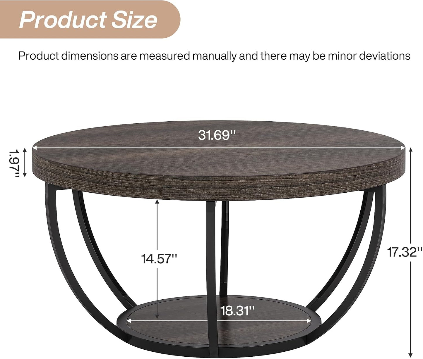 round Coffee Table, 31.7 Inches, 2-Tier Circular Wooden Side Table with Storage Shelves, Modern Living Room End Table, Grey
