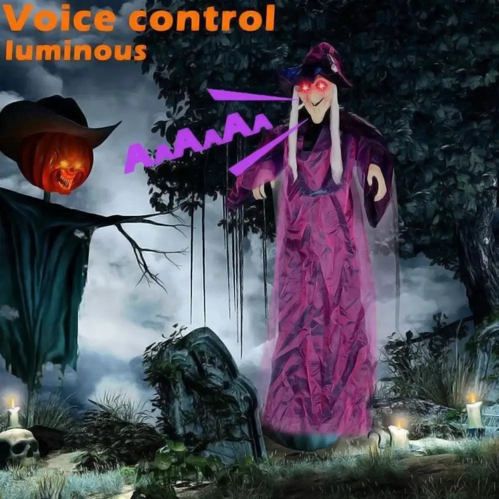 Halloween Life Size Talking Witch Purple Outdoor Spooky Scary Witch Animatronic Voice Controlled Glowing Screaming Decoration