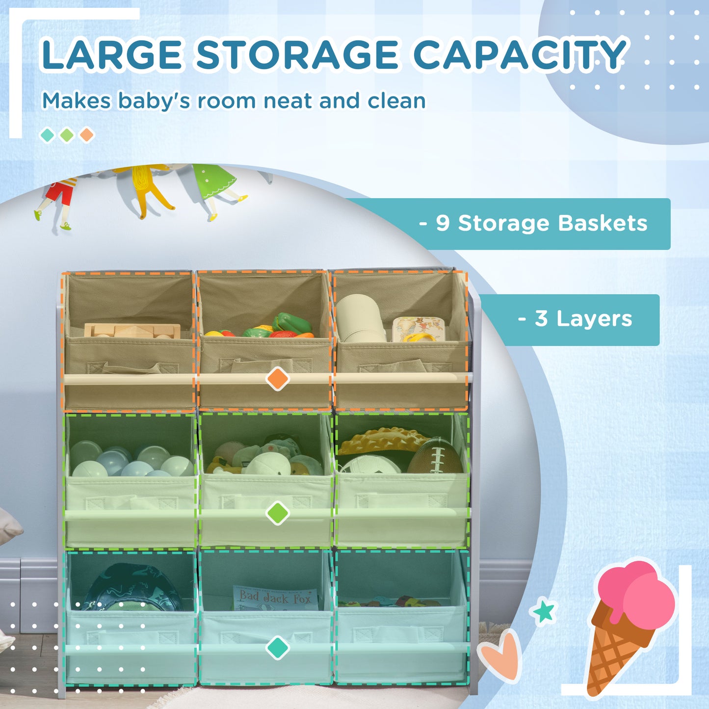 Kids Storage Unit W/ Nine Removable Baskets, for Nursery, Playroom