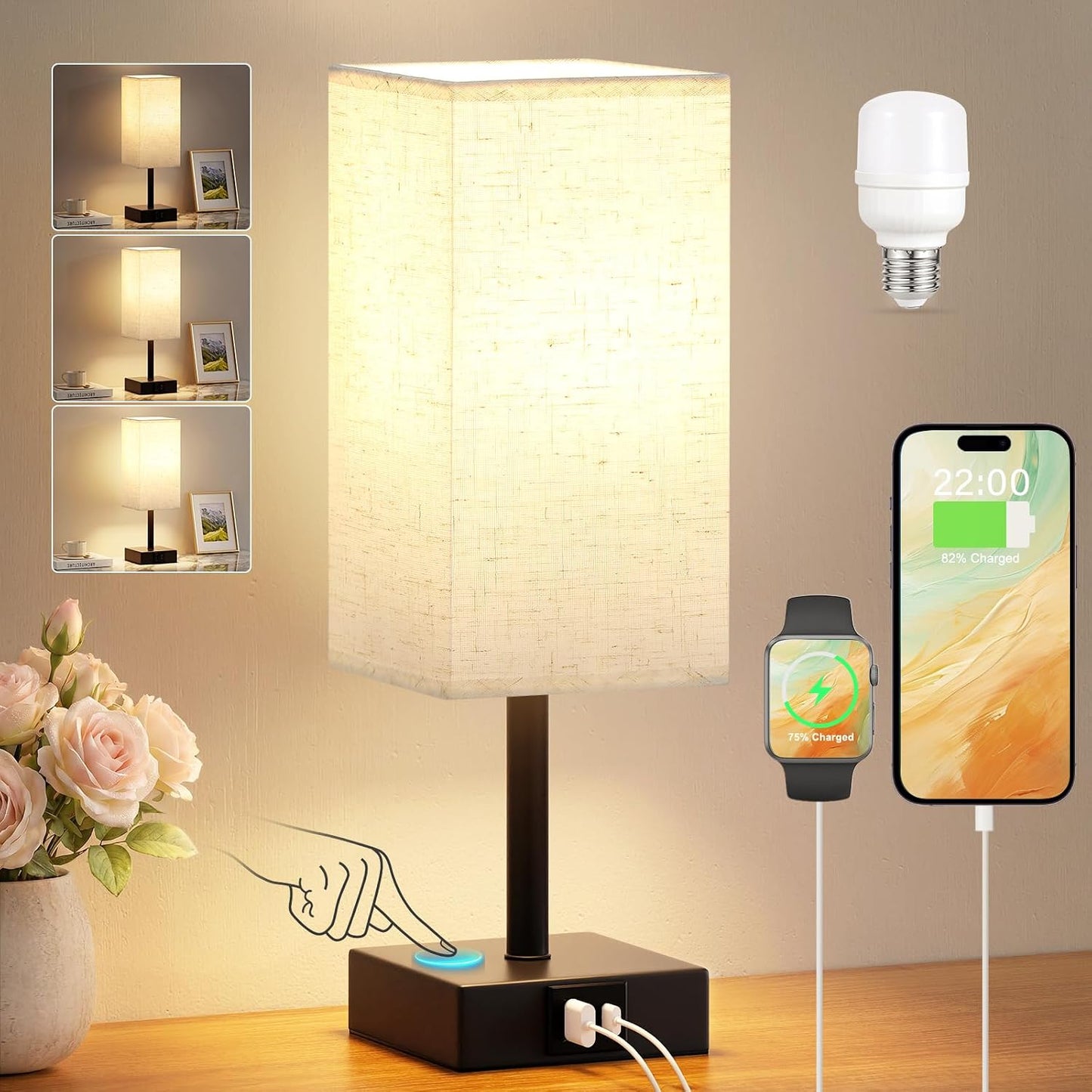 Touch Bedside Lamps, Bedside Table Lamp with USB A+C Charging Ports, Touch Lamps Bedside for Bedroom/Living Room/Study Room/Office, 3-Way Dimmable Reading Light (LED Bulb Included)