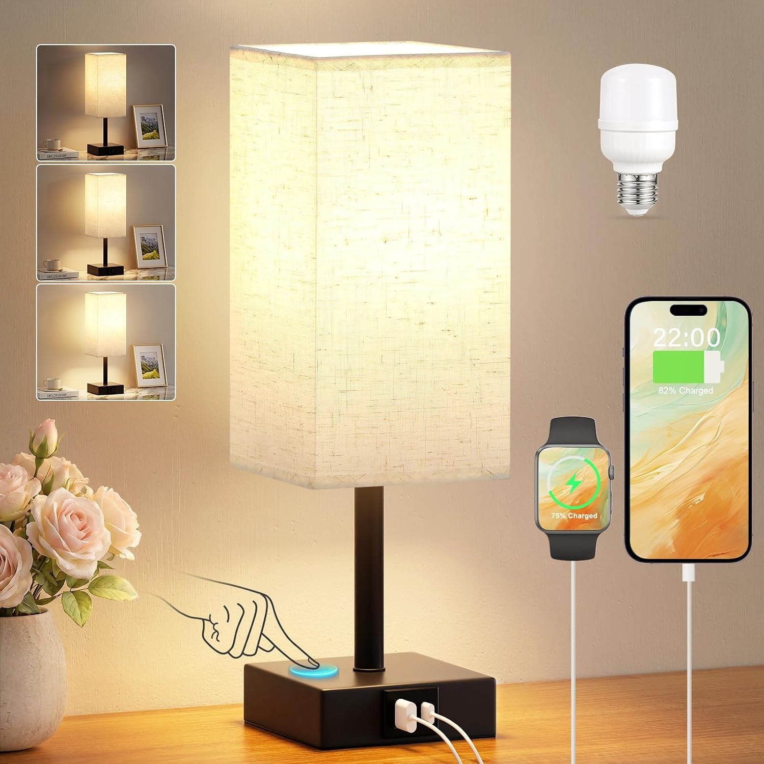 Touch Bedside Lamps, Bedside Table Lamp with USB A+C Charging Ports, Touch Lamps Bedside for Bedroom/Living Room/Study Room/Office, 3-Way Dimmable Reading Light (LED Bulb Included)