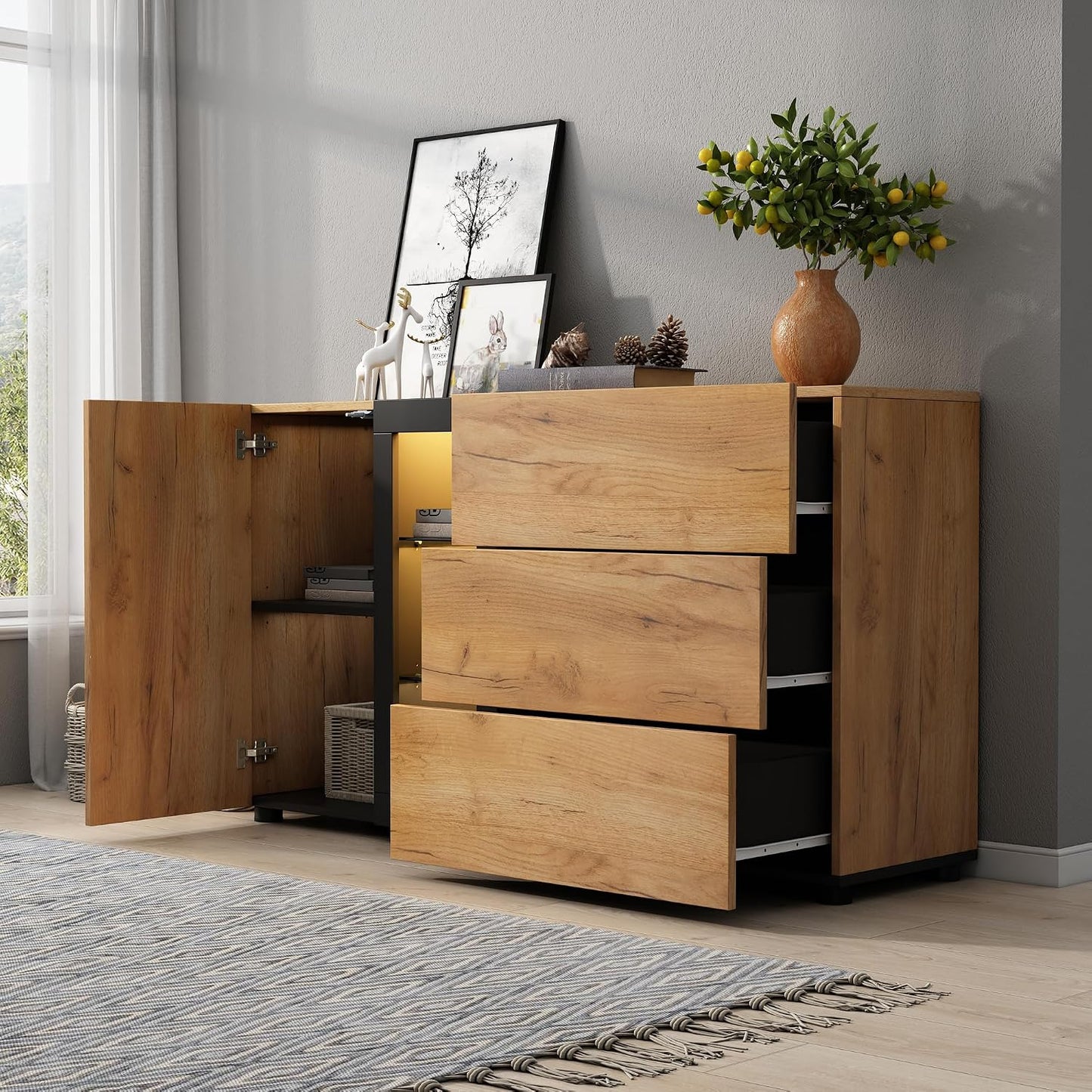Chest of Drawers Bedroom with 3 Drawers, 1 Door, 1 Shelf Storage Cabinet, and 4 Open Compartments, Ample Storage Space, Functional Sideboards for Living Room, Black & Brown, 140X40X80Cm