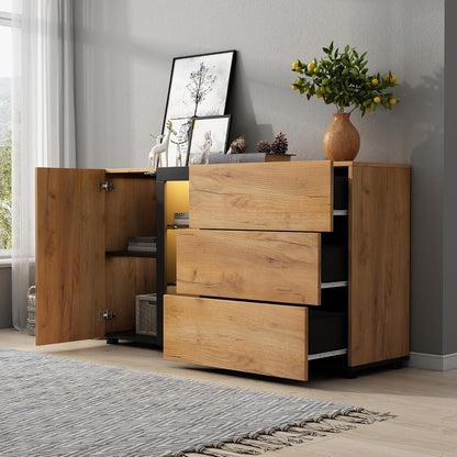 Chest of Drawers Bedroom with 3 Drawers, 1 Door, 1 Shelf Storage Cabinet, and 4 Open Compartments, Ample Storage Space, Functional Sideboards for Living Room, Black & Brown, 140X40X80Cm