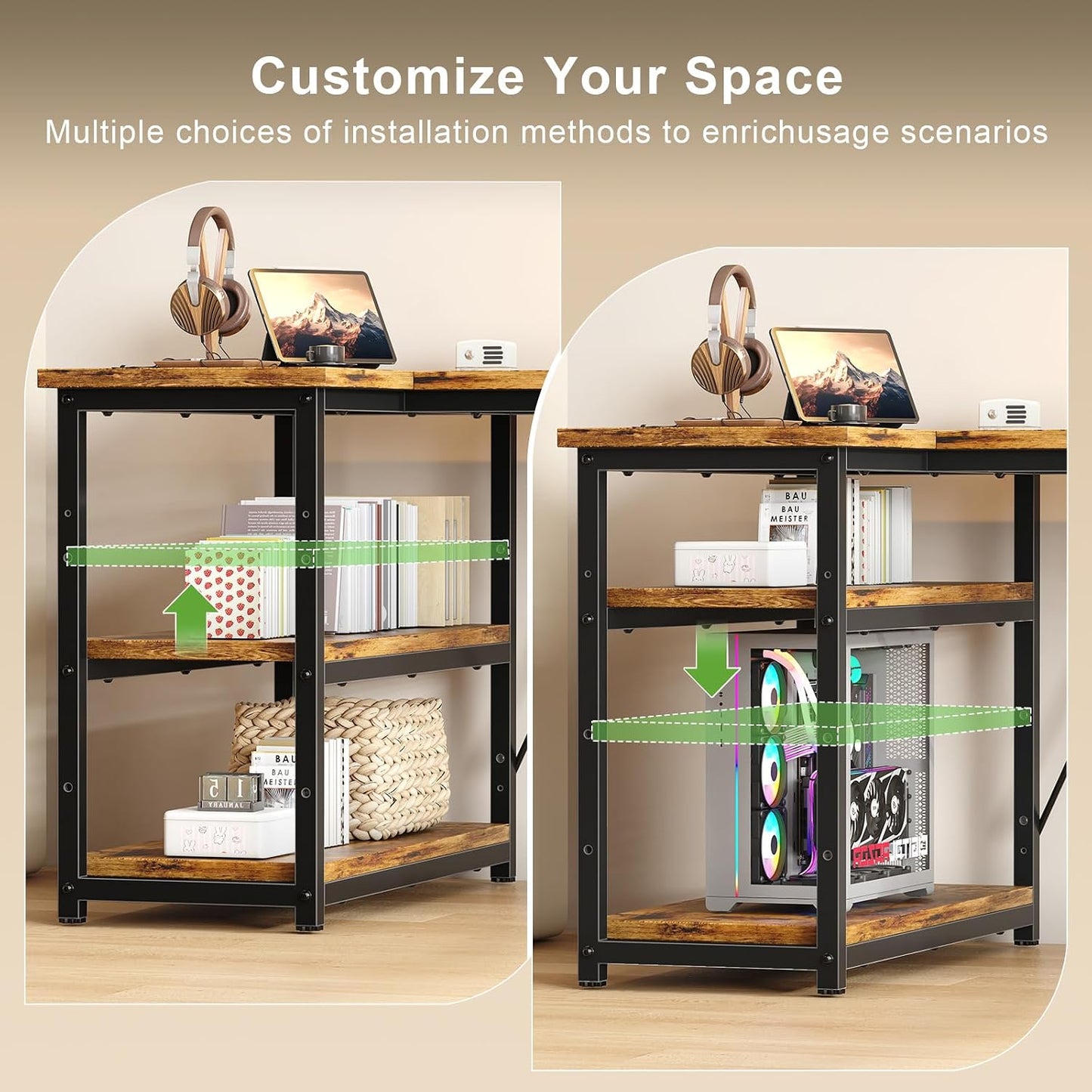 100 * 80Cm L Shaped Computer Desk with Reversible Large Storage Shelves, Corner Desk Computer Workstation Matching under Desk Height Adjustable Storage, Home Office Work Table Brown
