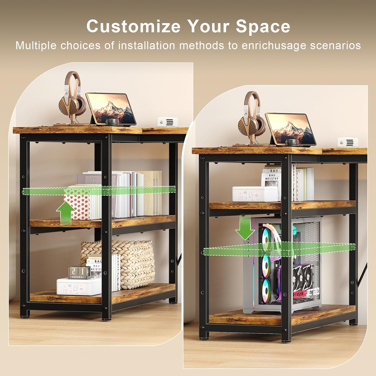 100 * 80Cm L Shaped Computer Desk with Reversible Large Storage Shelves, Corner Desk Computer Workstation Matching under Desk Height Adjustable Storage, Home Office Work Table Brown