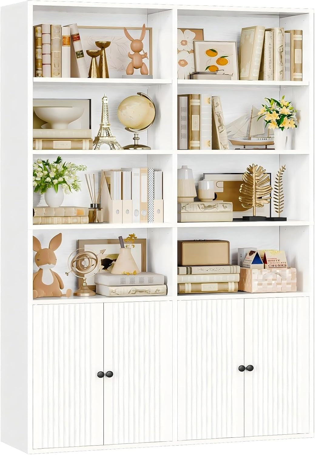 Bookcase with Doors, 180Cm Tall Bookshelf, 6 Tier Living Room Bookcases, 8 Open Compartments, Free Standing Display Shelf, Wooden Shelving Storage Unit for Home Office 108×30×180Cm (White)