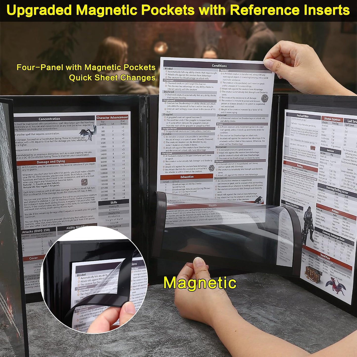 DND DM Screen, Dungeons and Dragons Master Screen, Four-Panel with Magnetic Pockets DM Screen for Board Games Masters, TTRPG Accessories D&D Gifts for DM Dungeons Masters | Four-Panel Folding DM Screen with Magnetic Pockets，Holds Notes & Maps, Portable,Ttrpg Accessories D&D Gifts for Dms