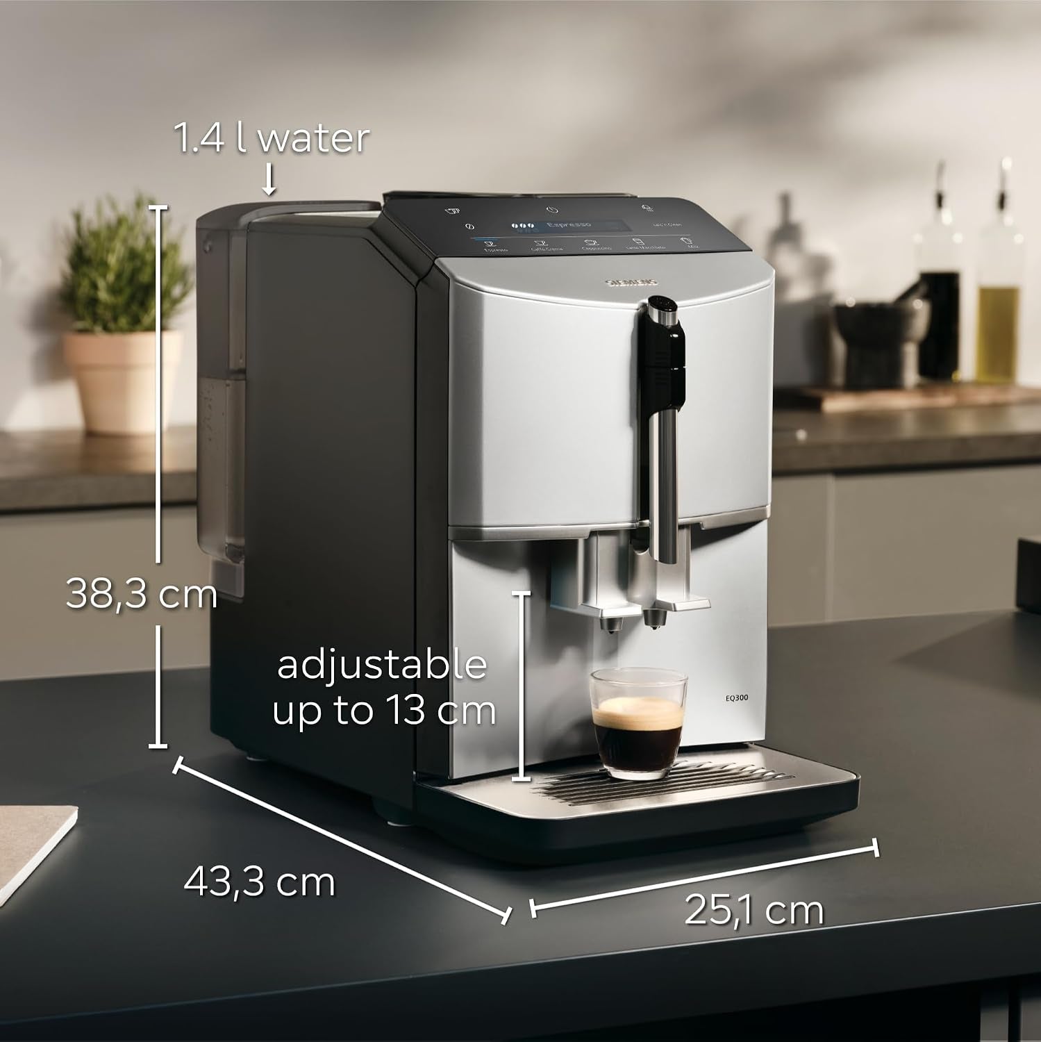 SIEMENS EQ300 Bean to Cup Coffee Machine, TF301G19, Piano Black | Fully Automatic Espresso Machine, Milk Frother Arm, 4 Coffee Beverages Including Cappuccino/Latte, LED Display