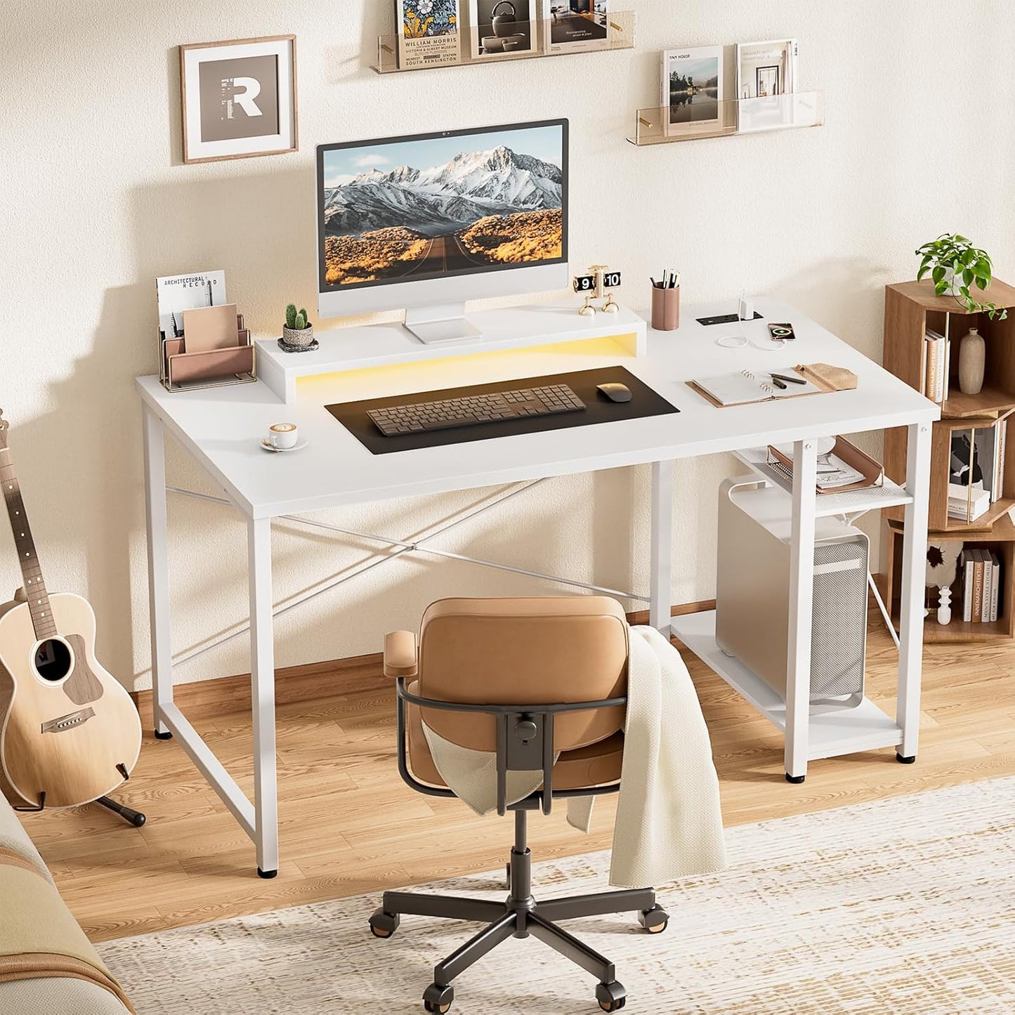 Gaming Desk with LED Lights & Power Outlet, Reversible Computer Desk with Moveable Monitor Stand, 100X75X50Cm Office Desk with USB Charging Station for Home, Bedroom, Study, White