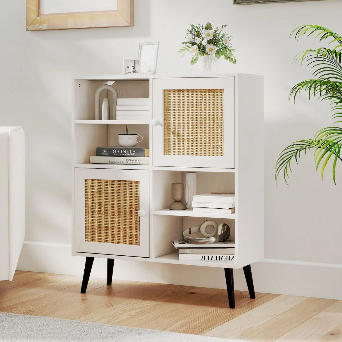 Rattan Sideboard Buffet Cabinet with 4 Cubbies and 2 Rattan-Decorated Doors