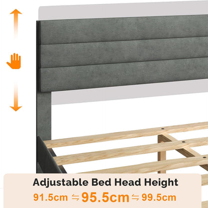 5Ft King Bed Frame, Noise-Free Upholstered Platform Bed with Adjustable Headboard & under Bed Storage - Sturdy Wooden Slat Support - No Box Spring Needed, Velvet, Dark Grey, 150 X 200 Cm