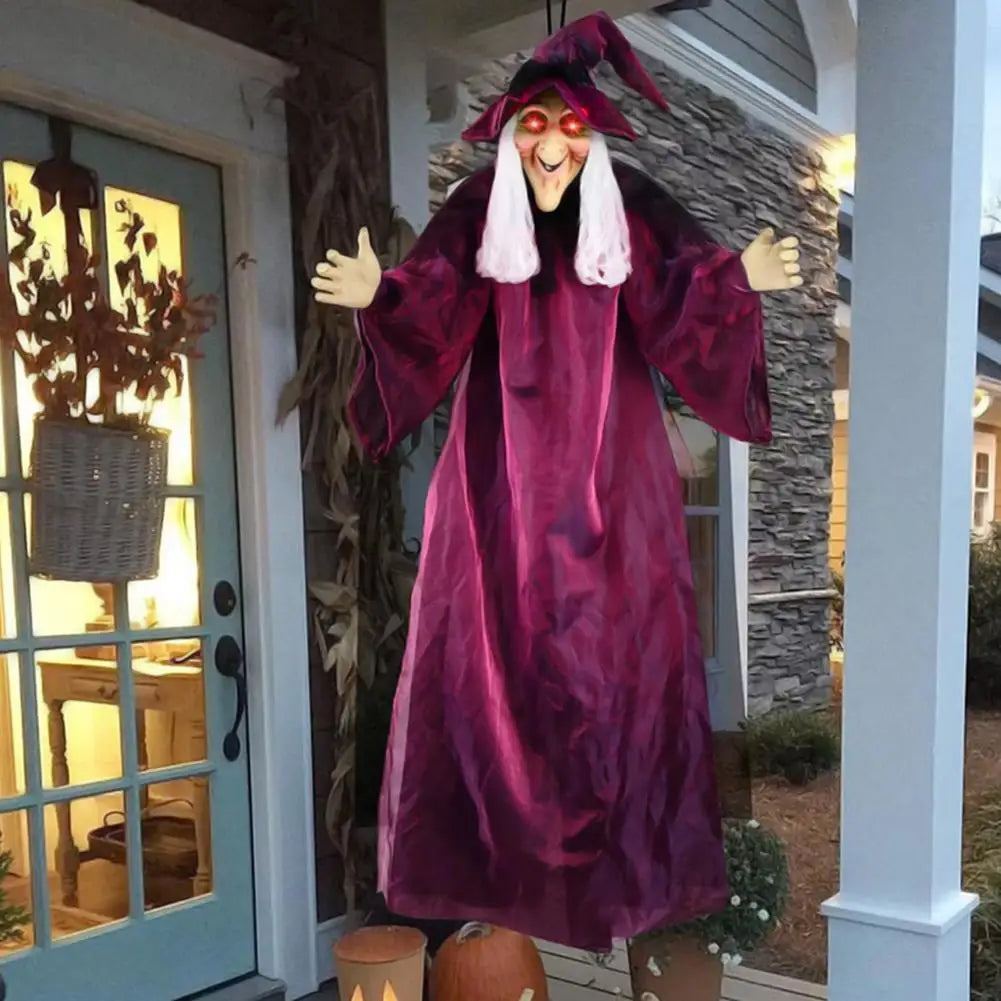 Halloween Life Size Talking Witch Purple Outdoor Spooky Scary Witch Animatronic Voice Controlled Glowing Screaming Decoration