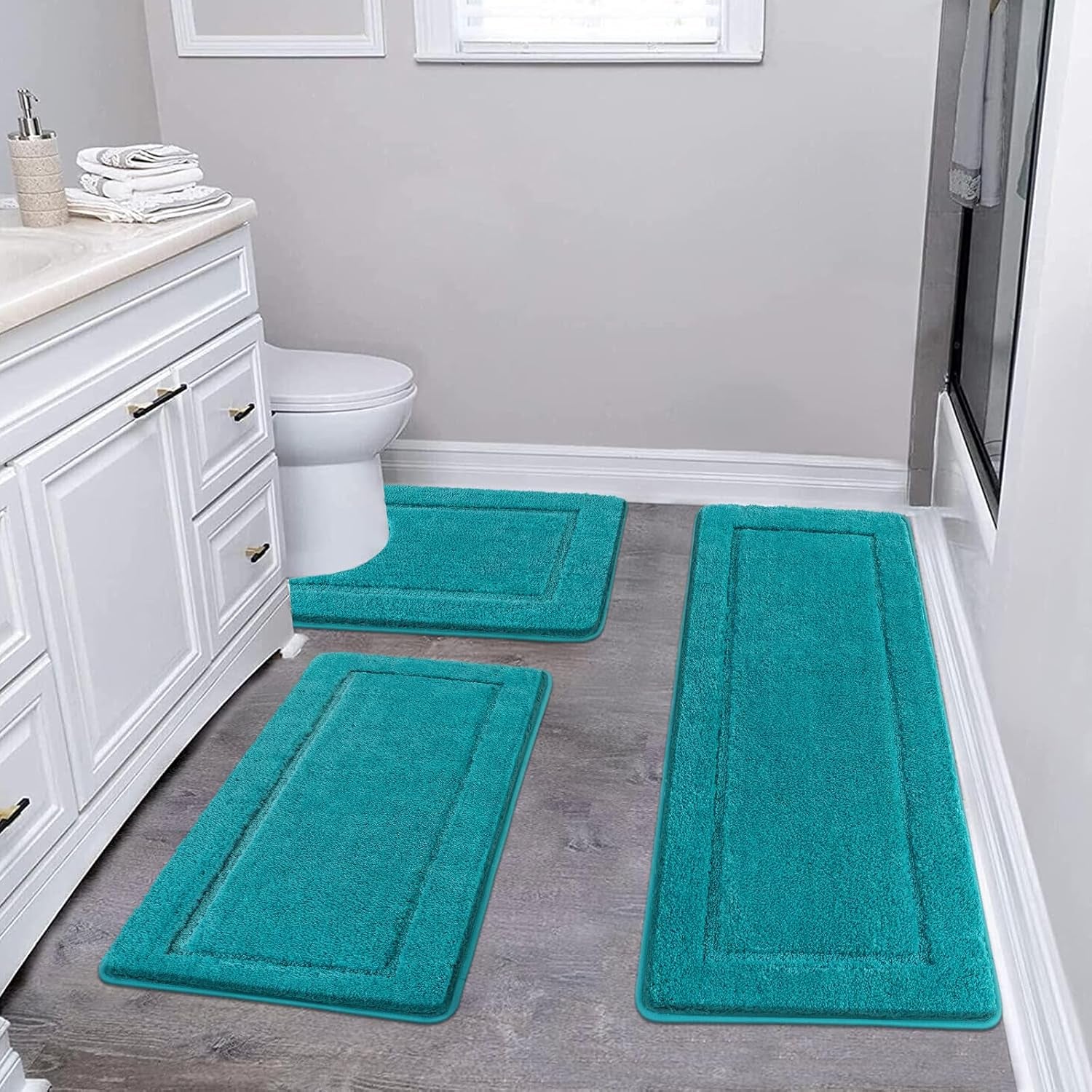 Non Slip Bath Mat Set 3 Piece Shaggy Microfiber Machine Washable Bath Mats with Toilet Rug Absorbent Soft Shower Rug for Bathroom, Turquoise